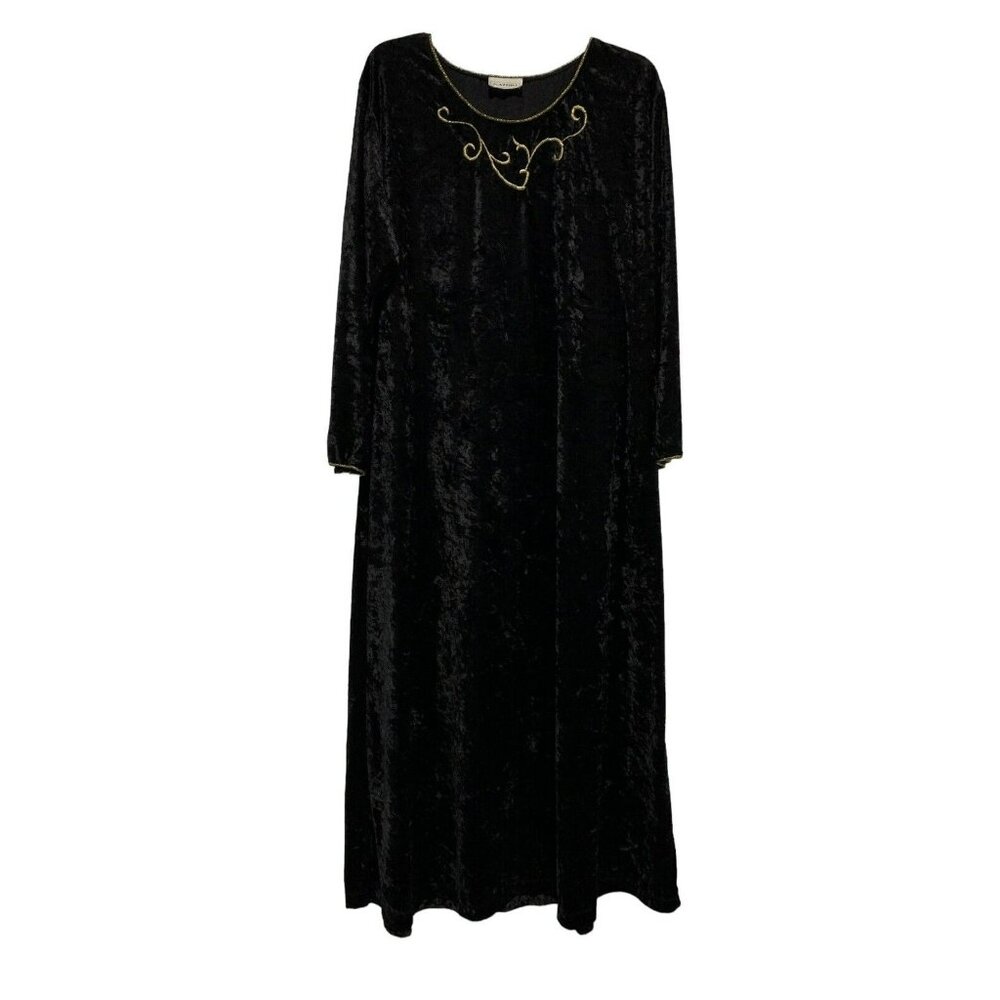 Vintage Natori Black Velvet Nightgown Grunge Goth Maxi Sleep Dress Gold Trim